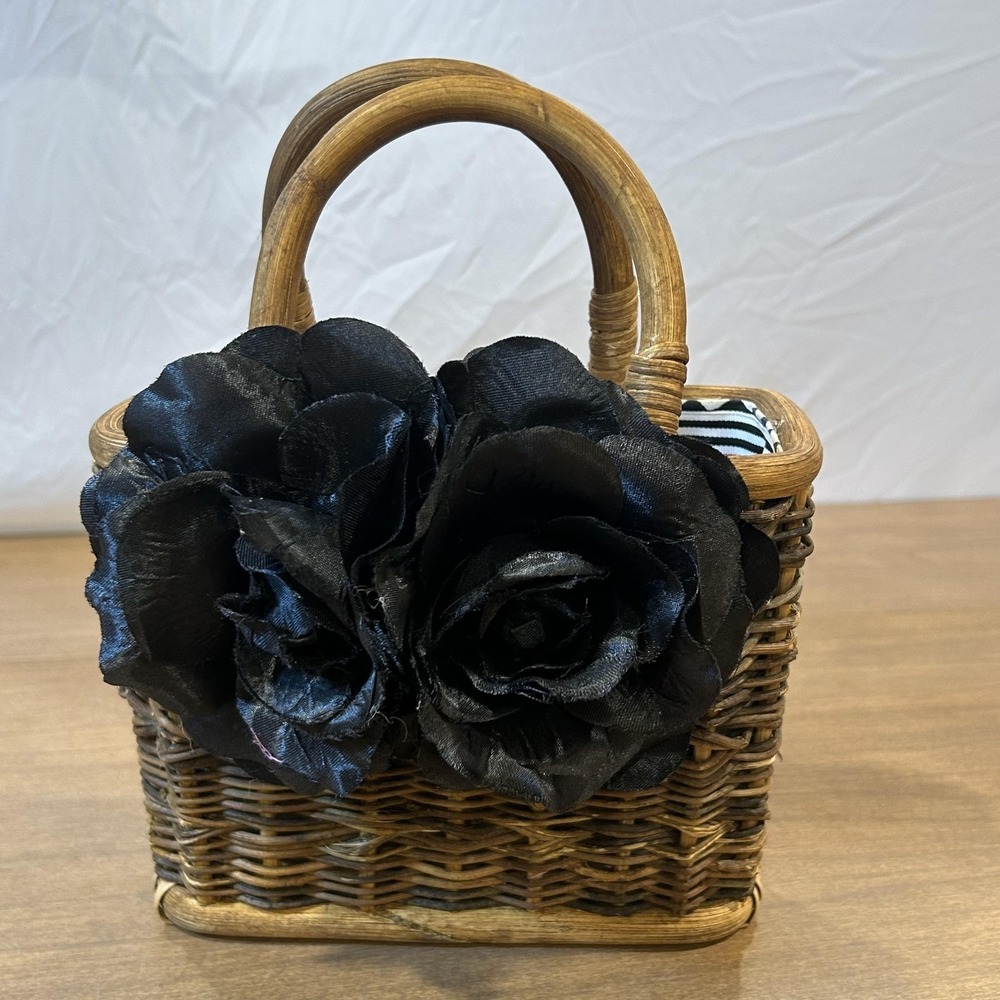 Gretchen Scott Top Handle Bag Womens Mini Brown Wicker Flower Purse *SPOT*